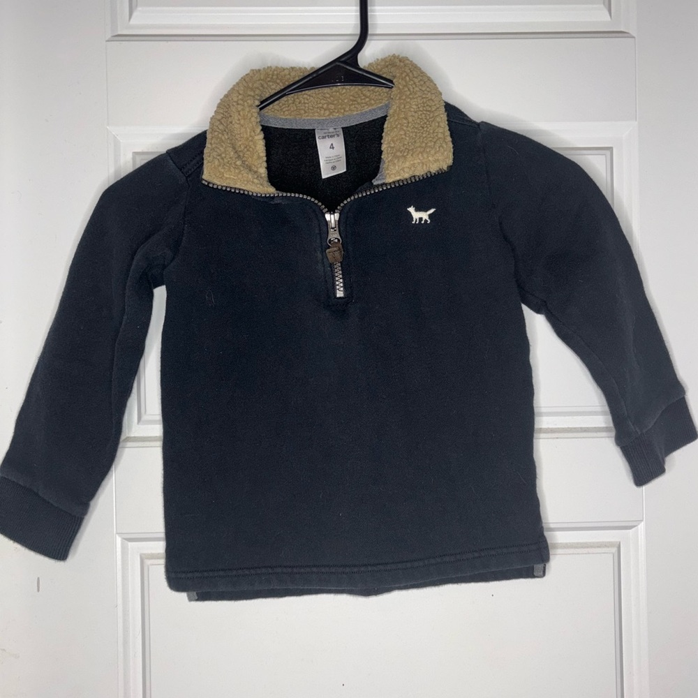 Boys‎ Sz 4 Carters Quarter-Zip Black Pullover with Faux-Shearling Lined Collar